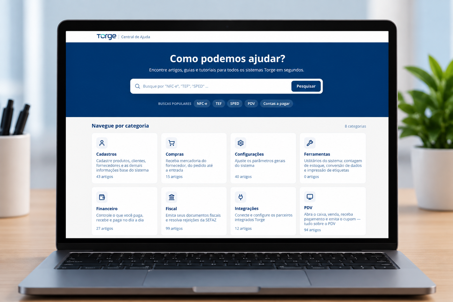 Central de Ajuda do Sistema Torge com pesquisa e conteúdos organizados por categorias.